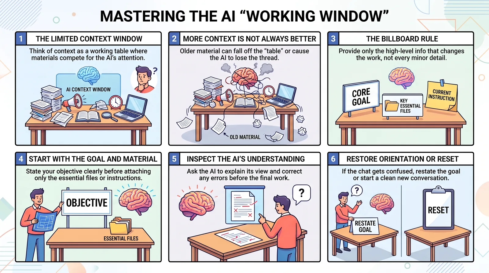 Six-panel graphic: mastering the AI working window